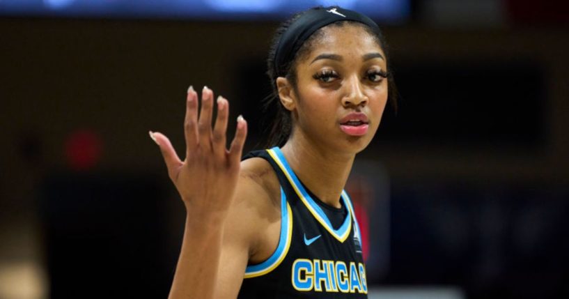 WNBA player Angel Reese of the Chicago Sky reacts after a play during a May 15 game.